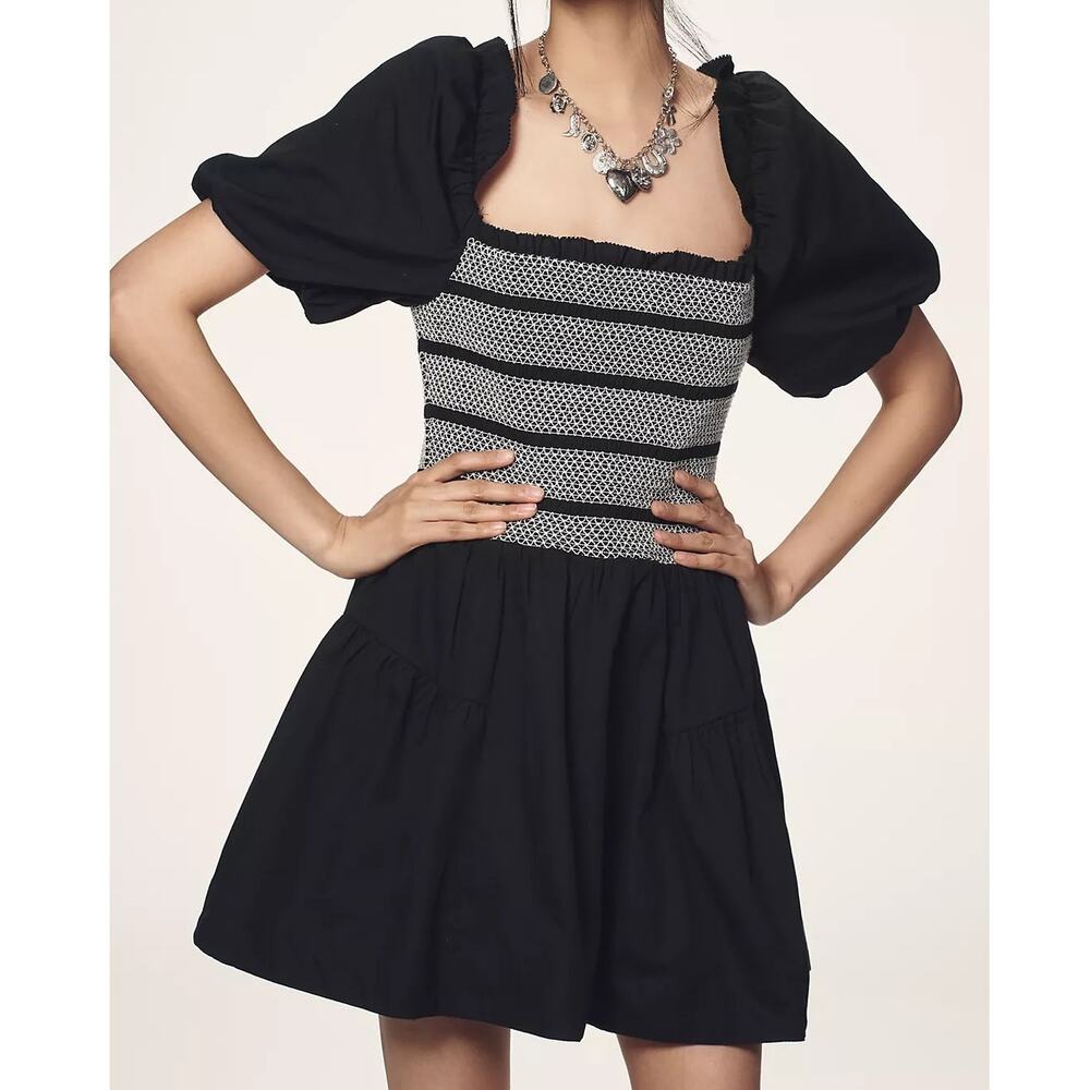 Anthropologie Black Puff Sleeve Square Neck Smocked Mini Dress Sz Medium Women's